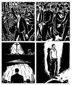 Four high-contrast black-and-white images in sequence. In the first, a man, facing left with his right arm aloft, marches with a crowd towards a group of gun-wielding figures. In the second, uniformed figures are taking the man away amongst a crowd. In the third, the man is seen from behind at the bottom, with a group seated behind a bench in the distance near the top in an apparent courtroom. A crucifix hangs prominently above the bench, bathed in light in the darkened room. In the fourth, the man has his back to a wall, hands bound behind him, with another figure lying apparently dead at his feet. He faces right, apparently awaiting his execution by gunfire.