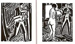 Two pages from a woodcut novel by Frans Masereel