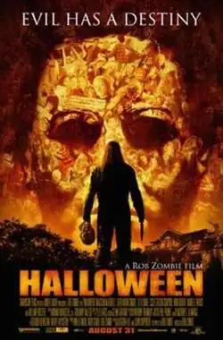 The silhouette of an unmasked Michael Myers, wielding his mask in one hand and a knife in the other, stands in the foreground. The background consists of a two-story house and a tree, with the mask of Michael Myers, superimposed with various scenes and characters, looming behind.