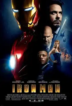 The title "Iron Man" is shown in gold letters below images of the red and gold Iron Man suit and characters Tony Stark, Obadiah Stane, James Rhodes, and Pepper Potts.