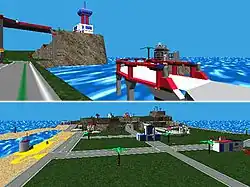 Two vertically positioned images show different parts of an island where all the structures and vegetation are made from Lego bricks. The upper image shows a bridge over the water leading to a small outcropping with a lone jail cell. On the cliff overlooking the cell is the Information Center, a building with a tall tower emerging from the center. The lower image shows the island from overhead, with an elevated area in the distance. Visible landmarks include a lifeguard station on the beach, a small pizzeria, a bank, a race track, and a gas station.
