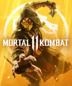 The character Scorpion posed foward with the game logo in front of him
