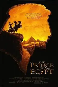 Within an outline of Moses, Rameses stands on a chariot atop a hill with a view of Egypt.
