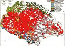 The "Red Map",[133] based on the 1910 census. Regions with population density below 20 persons/km2 (52 persons/sq&nbsp;mi)[134] are left blank and the corresponding population is represented in the nearest region with population density above that limit. Red colour to mark Hungarians and light purple colour to mark Romanians.