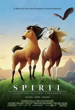 A Kiger mustang stallion and a Sorrel overo paint mare stand atop a grassy hill. A mountainscape is seen behind them, while a bald eagle soars over them.