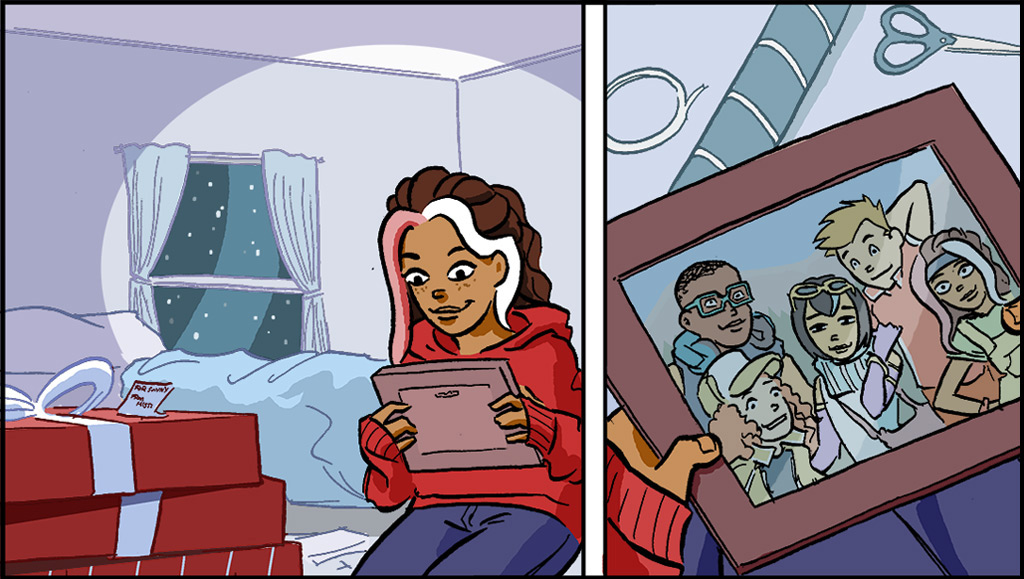 IMAGEN: Misti está en su dormitorio. Tiene en sus manos una foto enmarcada de ella, Sonny, Raina, Ray y Gayle. Pueden verse cuatro regalos envueltos. 
