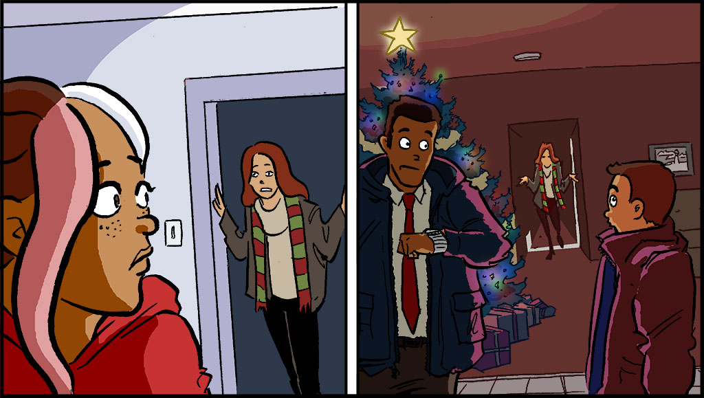 IMAGEN: Al lado izquierdo, Misti está en su dormitorio. Su mamá la llama desde la puerta. Al lado derecho, el papá de Misti está parado frente al árbol de Navidad mirando su reloj, su mamá está parada en el pasillo y su hermano la espera al lado de su papá.