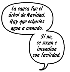 BOMBERO: La causa fue el árbol de Navidad. Hay que echarles agua a menudo. Si no, se secan e incendian con facilidad. 