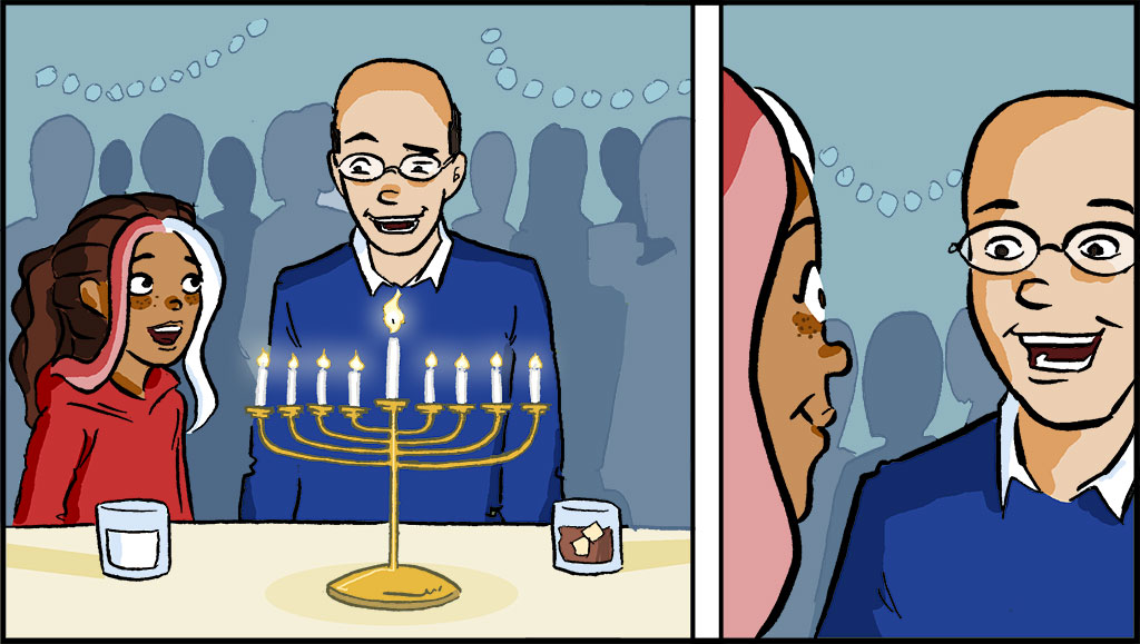 IMAGEN: Al lado izquierdo, Misti y su vecino observan las velas encendidas de la menorá. Al lado derecho, la imagen en primer plano del vecino mientras habla. 