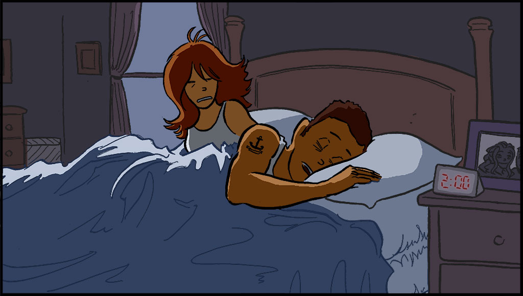 IMAGEN: Los padres de Misti están en su dormitorio. El papá de Misti está dormido. La mamá de Misti está sentada en la cama. El reloj lee las 2:00.