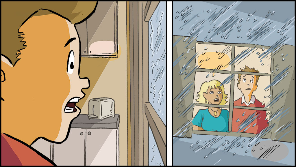 Sonny y sus padres miran fuera de la ventana. Está oscuro, ventoso y lluvioso.