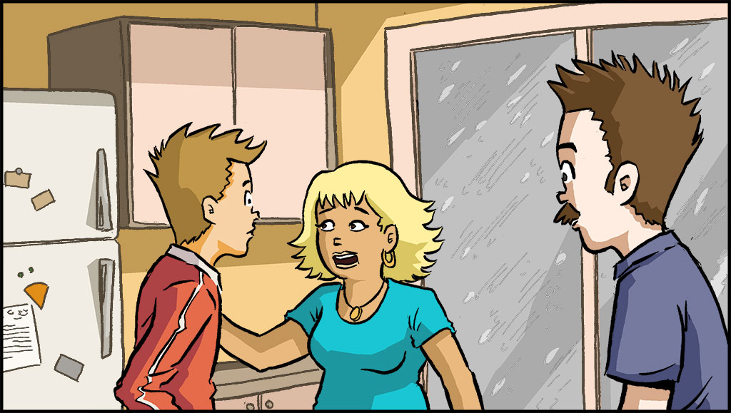 Sonny y sus padres hablan en la cocina. 