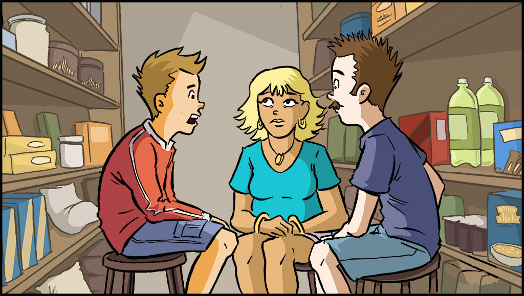 Sonny y sus padres ahora aparecen sentados en unas banquetas en la despensa. 