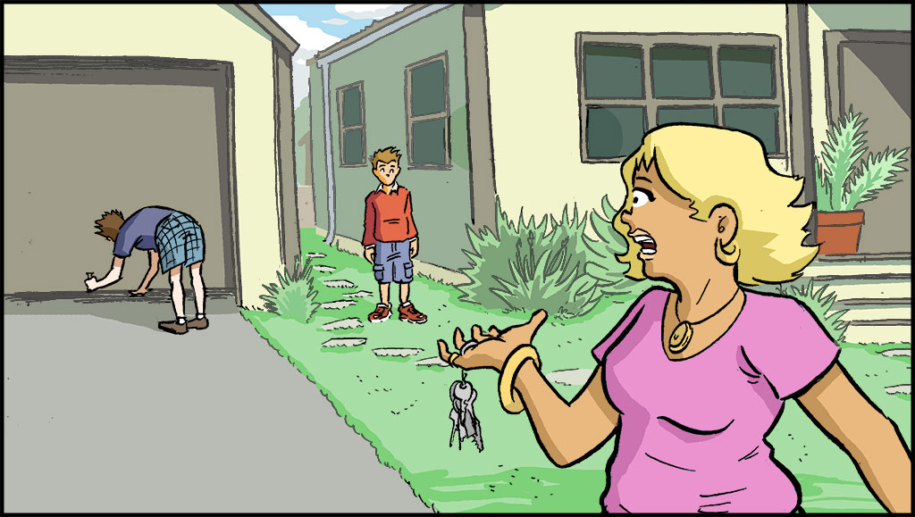 Sonny y sus padres están afuera. El padre de Sonny abre el garaje.