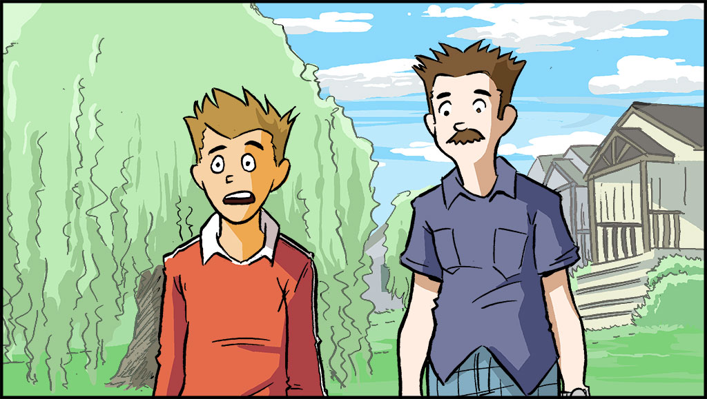 Sonny y su padre hablan cerca de la entrada. 
