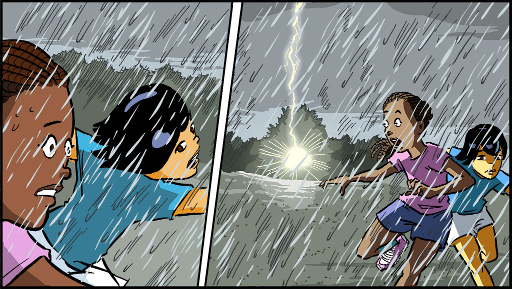 A la izquierda, un primer plano de Raina mientras habla. A la derecha, Raina y su amiga corren.