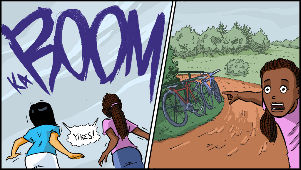 A la izquierda, Raina y su amiga miran hacia el cielo. Hay relámpagos y truenos. A la derecha, su amiga señala hacia la verja donde están sus bicicletas.
