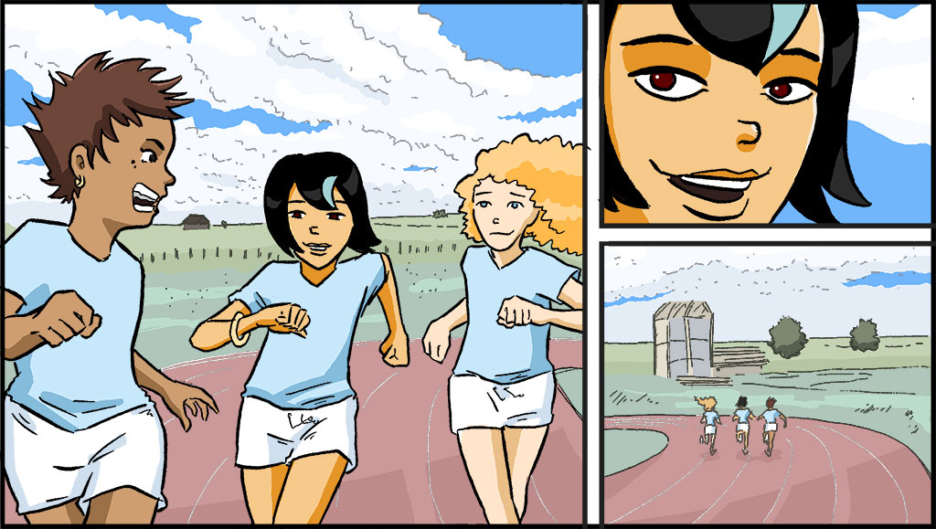 Un primer plano de Raina con sus amigas. Hablan y trotan por la pista.  