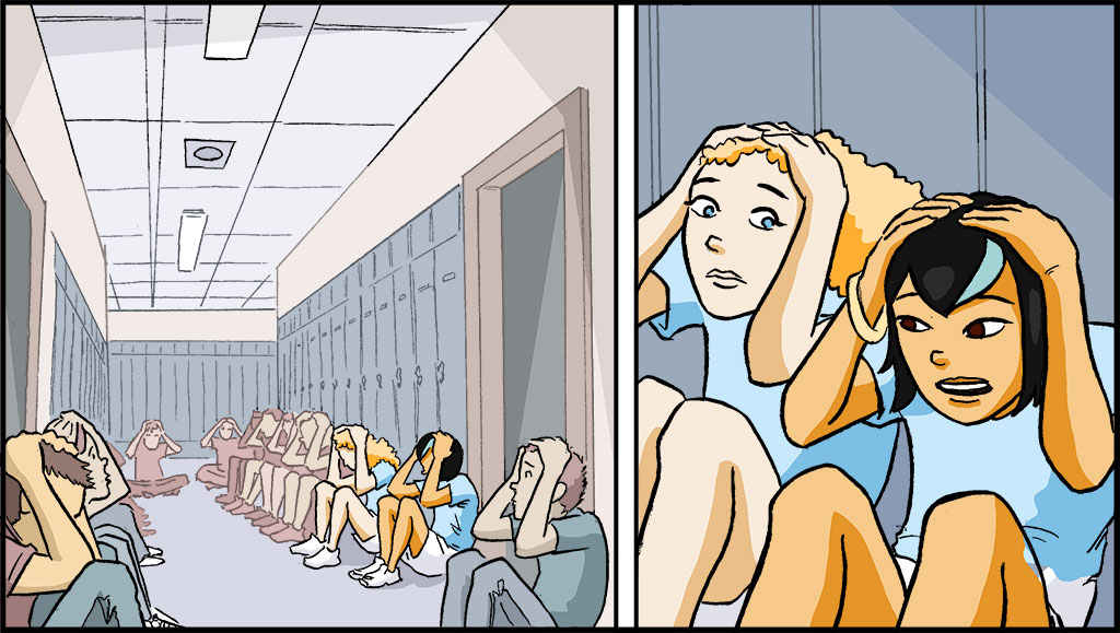 Raina, estudiantes y maestros aparecen agachados con las manos sobre la cabeza.  