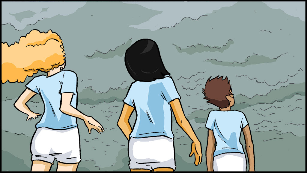 Raina y sus amigas dejan de correr. Miran hacia el cielo, se ha tornado oscuro. 